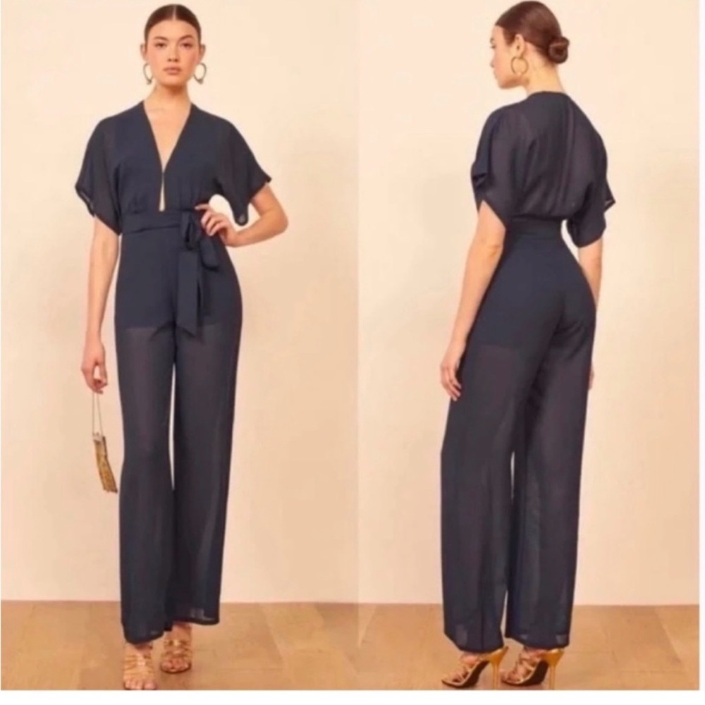 Reformation Navy V-Neck Wide-Leg Jumpsuit
